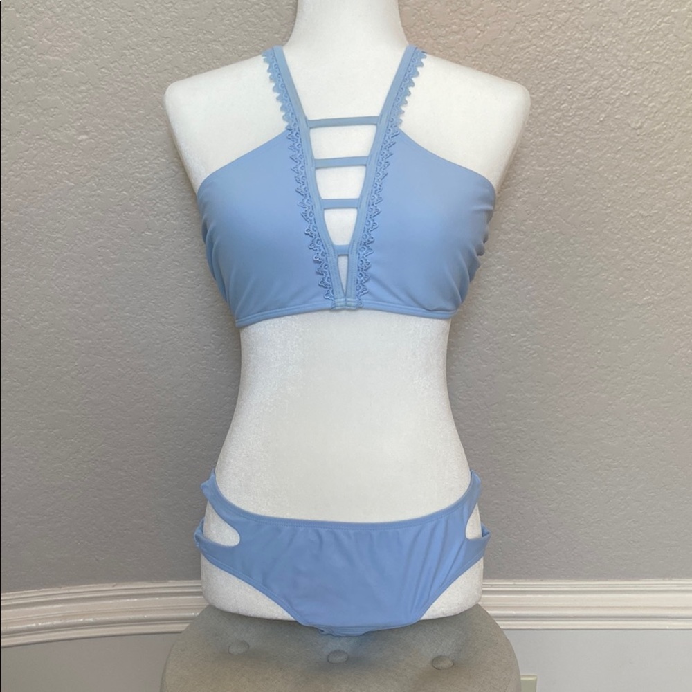 Blue Strappy Bikini Set, XL top & L bottoms. Boho vibes!